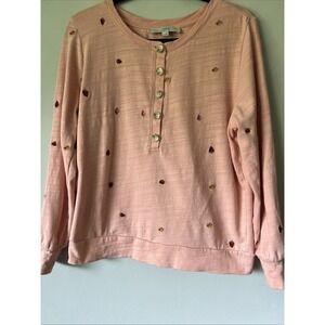 LOFT Size Medium M Henley Pullover Top Peachy Pink Strawberry Embroidered